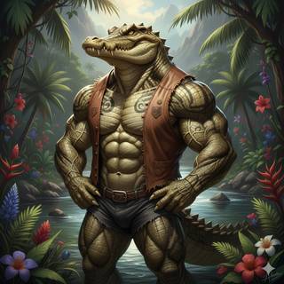 Anthropomorphic Crocodile with a Muscular Body
