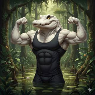 Anthropomorphic White Alligator with a Muscular Body