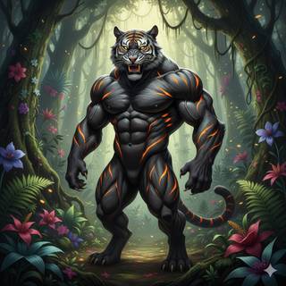 Anthropomorphic Black Tiger with a Muscular Body