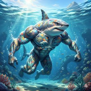 Anthropomorphic Great White Shark with a Muscular Body