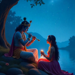  Scene of Krishna with Radha playing Bansuri 