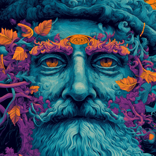 AI art, God, psychedelic,  trees, moon, blue, orange, purple