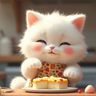 White Fluffy Kitten Is Making A Cake