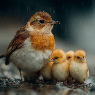 Mum and chicks in the rain