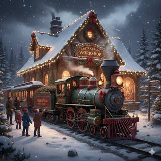 Christmas Steam Locomotive Train arrives outside of Santa Claus’s Workshop