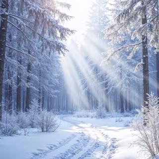 A Snowy Road Through The Forest Under Sun Rays