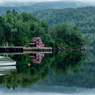 Boat Forest Lake House Mountain Reflection On Water 
