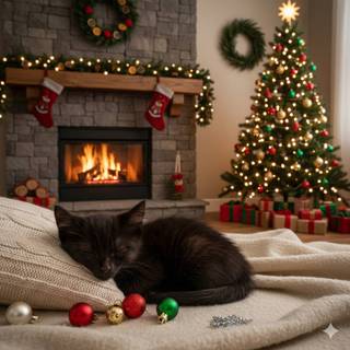 The Quiet Hearth: Cute Black Kitten napping in front of a fireplace on Christmas Day