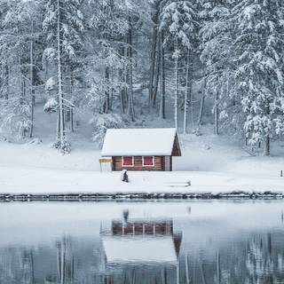 Reflection Of Snowy Forest Cabin