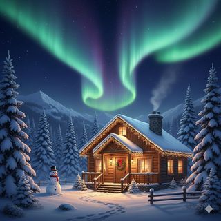 Christmas at a Cozy Cabin with Aurora Borealis