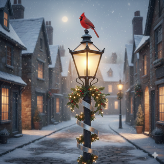Cardinal sitting on Christmas Gas Street Lamp