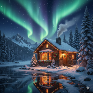 Christmas at a Cozy Lakeside Cabin with Aurora Borealis