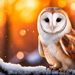 Barn Owl Resting On A Snowy Branch in Warm Sun Glow