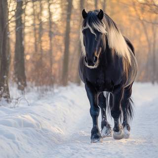 Horse Walking On A Snowy Road