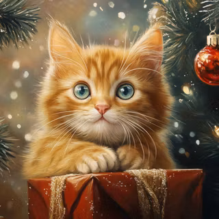 Cute Kitten Under Christmas Tree