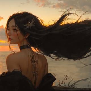 Girl Seen From Behind With Her Hair Flowing In The Wind
