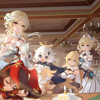 ルミネ、アンバー、バーバラ、パイモンの壁紙