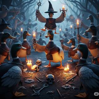 Silly duck in witch costume