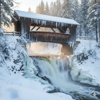 Wooden Covered Bridge over a Waterfall in Winter