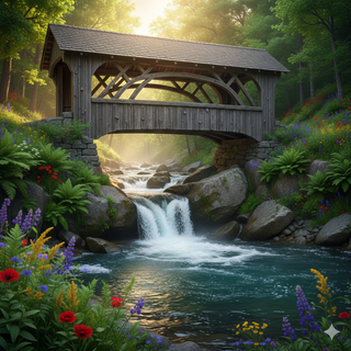 Wooden Covered Bridge over a Waterfall in Summer