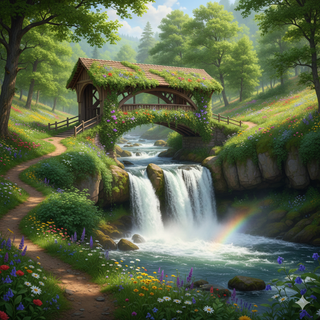 Wooden Covered Bridge over a Waterfall in Spring