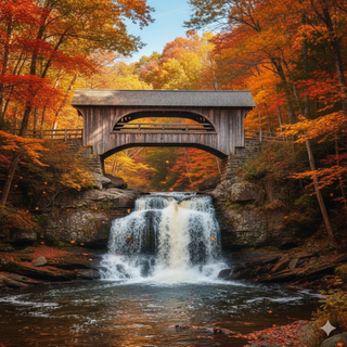 Wooden Covered Bridge over a Waterfall in Autumn