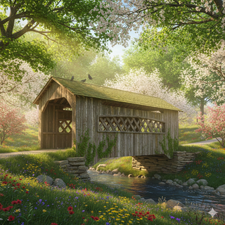 Wooden Covered Bridge during Spring