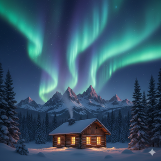 Cozy Mountain Cabin underneath the Aurora Borealis during Winter