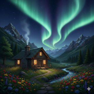 Cozy Mountain Cabin underneath the Aurora Borealis during Summer