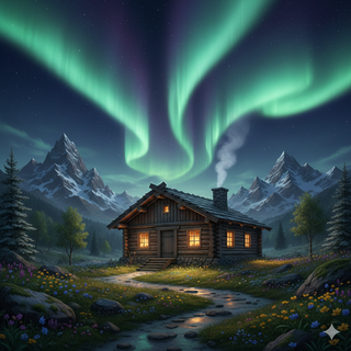 Cozy Mountain Cabin underneath the Aurora Borealis during Spring