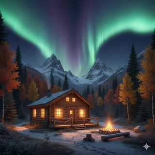 Cozy Mountain Cabin underneath the Aurora Borealis during Autumn