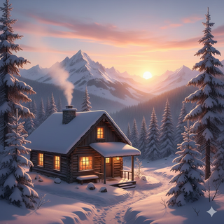 Sunrise over Cozy Mountain Cabin during Winter
