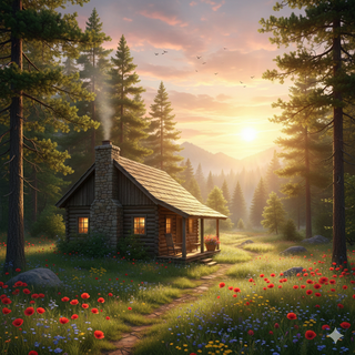 Sunrise over Cozy Mountain Cabin during Summer