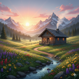 Sunrise over Cozy Mountain Cabin during Spring