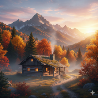 Sunrise over Cozy Mountain Cabin during Autumn