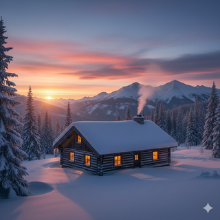 Sunset over Cozy Mountain Cabin during Winter