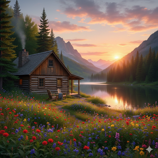 Sunset over Cozy Mountain Cabin during Summer