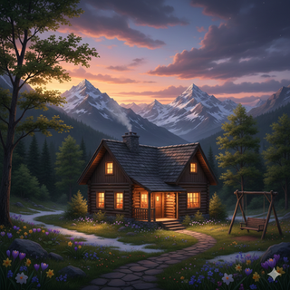 Sunset over Cozy Mountain Cabin during Spring