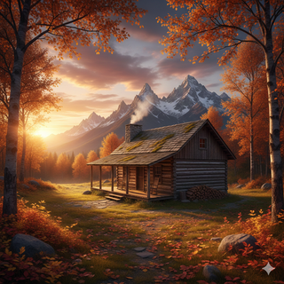 Sunset over Cozy Mountain Cabin during Autumn