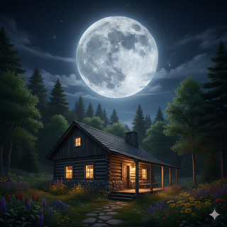 Full Moon over Cozy Mountain Cabin during Summer