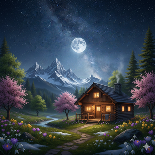 Full Moon over Cozy Mountain Cabin during Spring