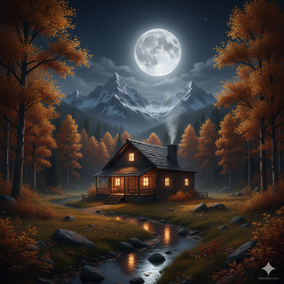 Full Moon over Cozy Mountain Cabin during Autumn