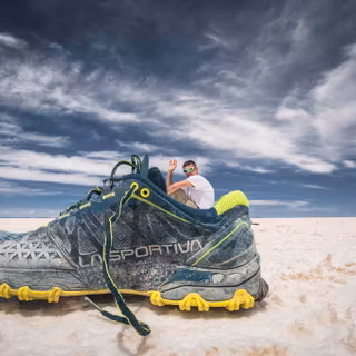 shoe, man, sunglasses, salt flat, sky, cloud, white t shirt, perspective, landscape