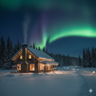 Farmhouse underneath the Aurora Borealis during Winter