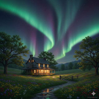 Farmhouse underneath the Aurora Borealis during Spring