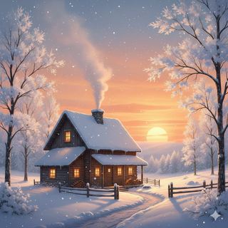 Sunset over a Farmhouse during the Winter