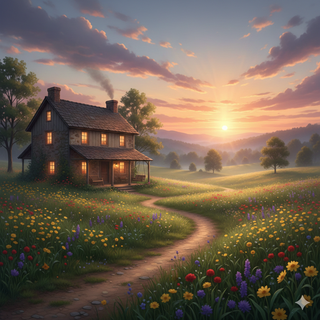 Sunset over a Farmhouse during Spring