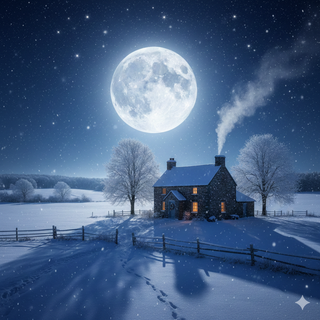Full Moon over a Farmhouse during the Winter
