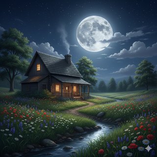 Full Moon over a Farmhouse during Spring