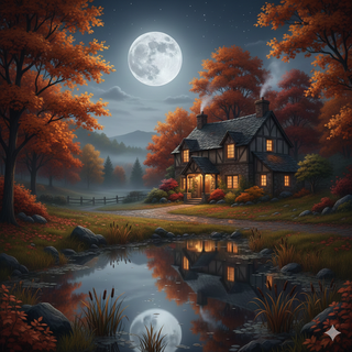Full Moon over a Farmhouse during Autumn